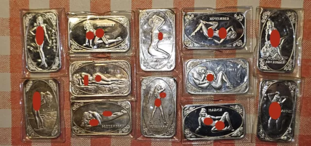 Sealed NOS Crown Mint Beauties 12 Bar Complete Calendar Set 1oz 999 Silver Bars