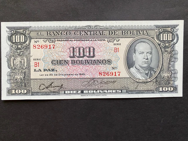 BOLIVIA, 1945, Billete Banco Central de Bolivia, 100 BOLIVIANOS, Serie B1, UNC