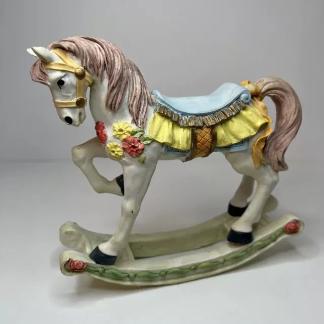 Rocking Horse White Floral Resin Figurine Victorian Roses Blue Yellow One Leg Up