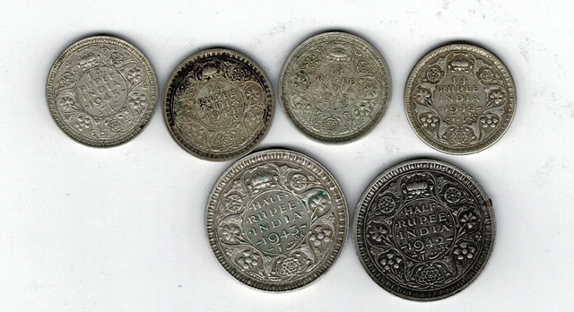 6 different .500 silver coins from India : 1942 - 1945 : 23.3g