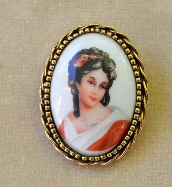 C1960 Signé Goldette Doré France Limoges Miniature Portrait Broche