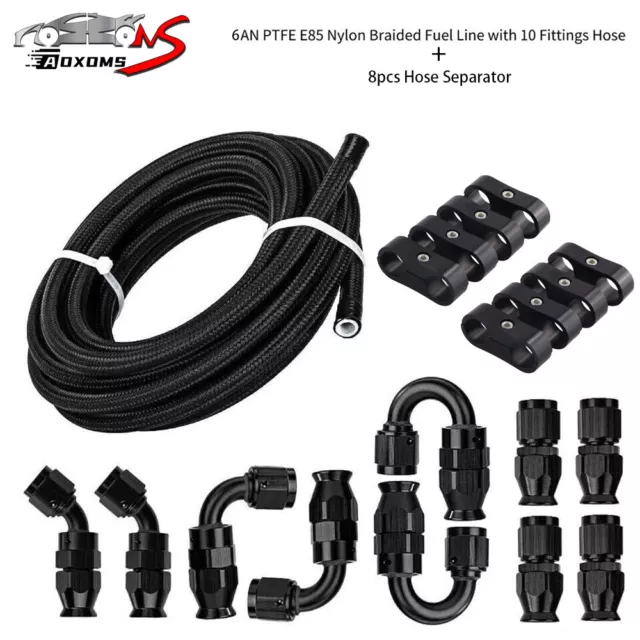 6AN PTFE Fuel Line Kit E85 10/20FT Braided Nylon Fuel Hose+ 8pcs Separator Clamp