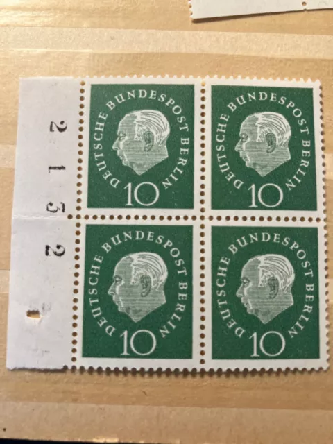Briefmarken ZD Berlin Mi 183, Th. Heuss, 4er Block m. Bogennummer, postfrisch
