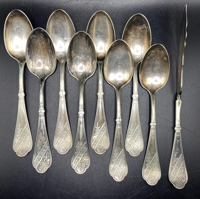 Antique Set Of 9 Hall & Elton Silver Plate Flatware Pieces **Rare Pattern!**