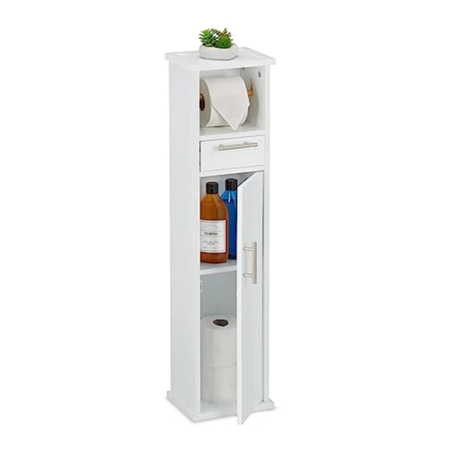 Mobile Portarotoli Relaxdays In MDF E Bambù, Bianco, 87,5x22x17,5 Cm, Con Cassetto, Autoportante, Salva-spazio Per Bagno