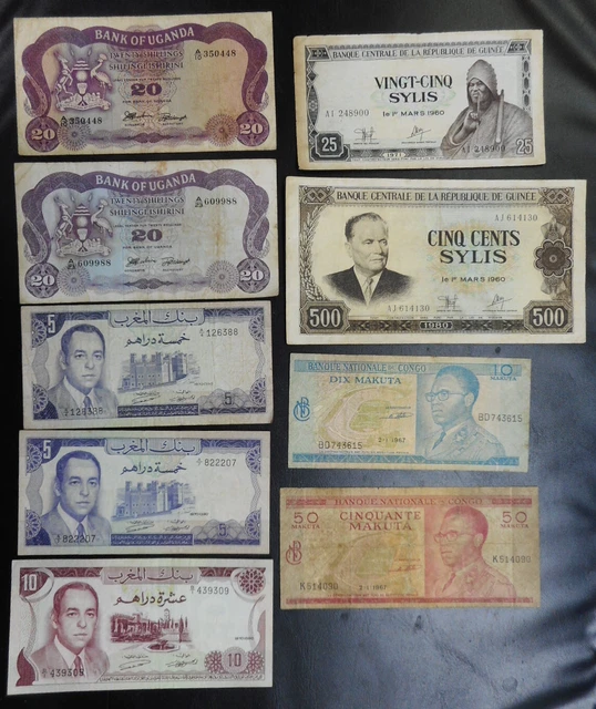 9 notes Morocco Uganda, Ghana, Guinea, Congo 1960 1967 1970 wholesale lot Africa