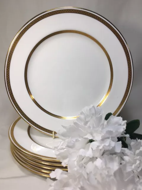 (6) Minton Tiffany & Co Gold Encrusted Laurel Leaf 9 Inch LUNCHEON PLATES G8338