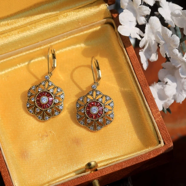 Boucles D'oreilles Puces Dormeuse Doré Rose Art Déco - Serti CZ Blanc - Fait Main