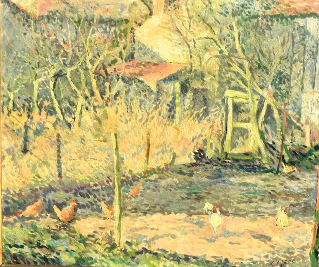 TABLEAU HUILE PAYSAGE pointilliste poulailler poules campagne Signé ...