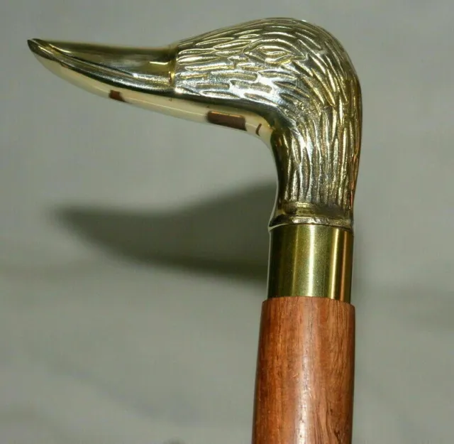 bâton de marche en bois en laiton vintage 36 « tête de canard poignée tige...