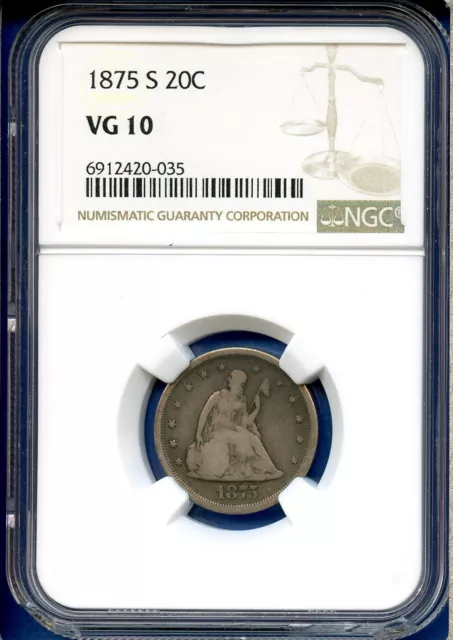 1875 S NGC VG10 Seated Liberty Twenty Cent 20c Silver US Mint Coin 1875-S VG-10