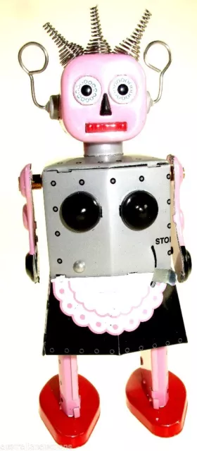 Roxy Pink  Tin Toy Wind-Up  Girl Robot With Dress & Knife