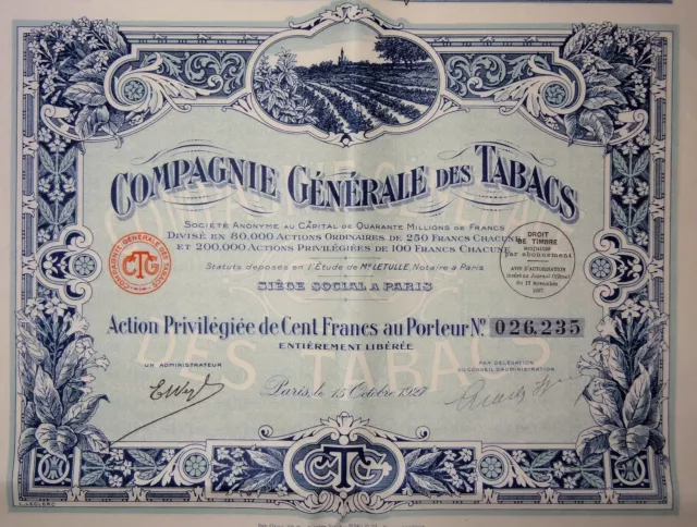 CGT Compagnie Générale des Tabacs Action Privilégiée 100 Francs 1927