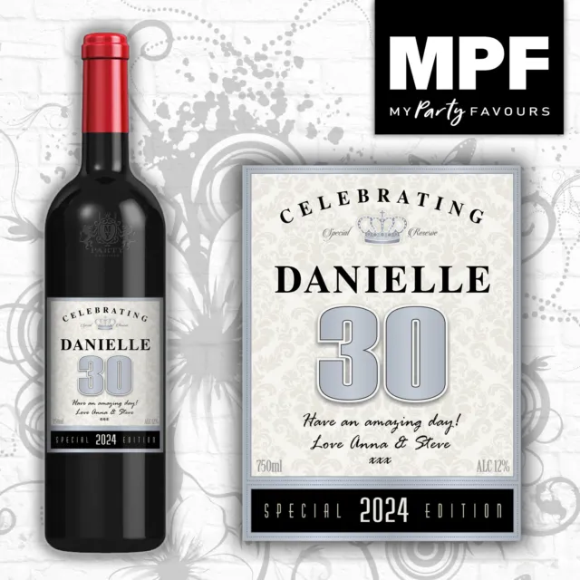 Personalised Birthday Wine Champagne Bottle Label 18th 21st 30th 40th SILVER