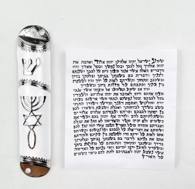 White & Silver Door Mezuzah Case Non Kosher Scroll Klaf 3" Parchment 4"/10.5cm