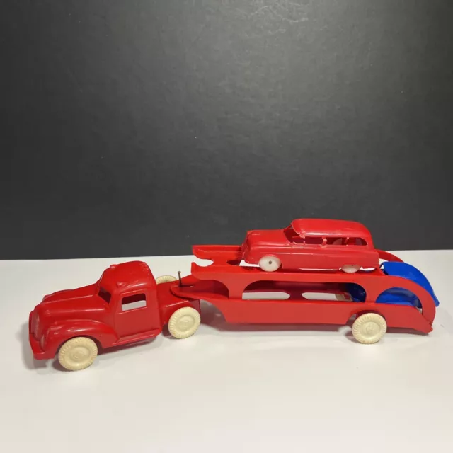 Vtg 1950's Cheerio Hard Plastic Toy Semi Truck Car Hauler Red 9.5" W/ 2 Cars