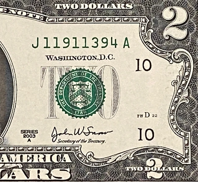 2003 A $2 TWO DOLLAR BILL ( Kansas City  " J “) ,UNCIRCULATED