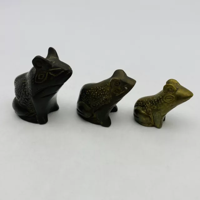 Vintage Brass Frog Toad Figurine Statue Paperweight Set Of 3 Decor