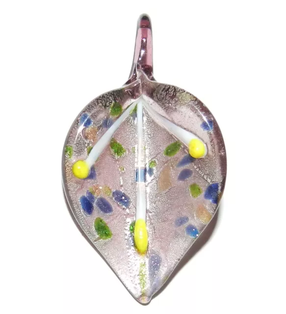 P2069 Purple Silver-Foil & Sparkle 57mm Lily Flower Lampwork Glass Pendant