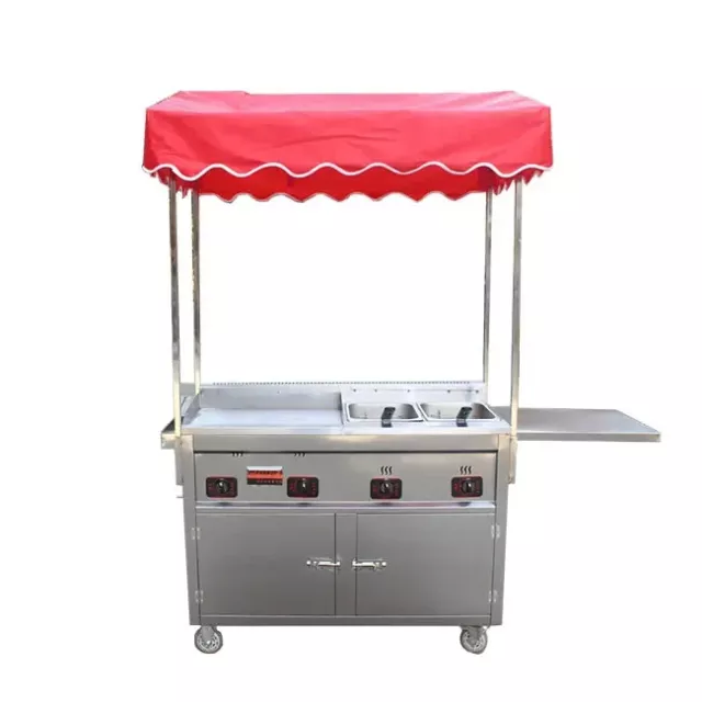 Carro de quiosco de comida callejera de acero inoxidable para perritos calientes con parrilla de parte superior plana y freidoras profundas