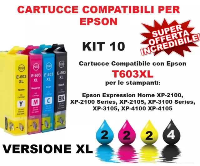 10 Cartucce T603XL Compatibili Per Epson WF2820 WF2840 WF2870 XP-2150 3150 4150