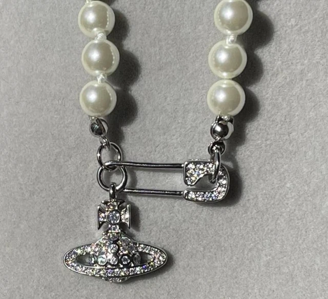 Vivian Pearl Rhinestone Planet Charm Orbit Westwood Dangle Necklace Y2K Designer