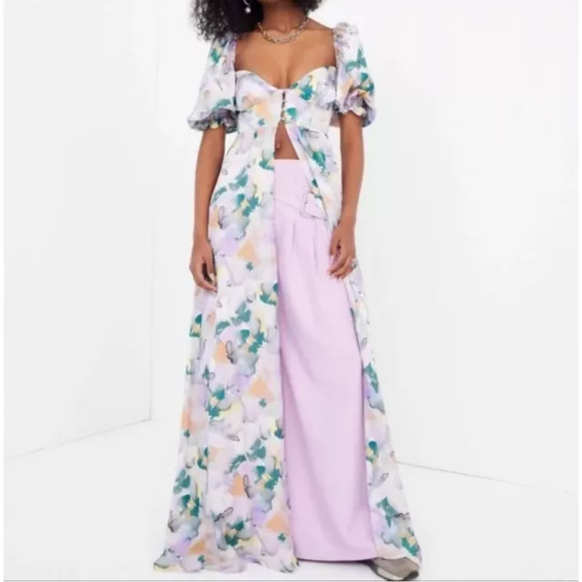 For love & Lemons Megan Maxi Dress Top Duster Printed Floral Puff Sleeve Size M