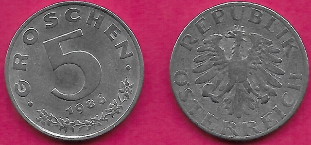 Austria 5 Groschen 1986 Vf Imperial Eagle With Austrian Shield On Breast,Ho
