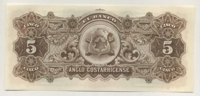 Costa Rica, Anglo Costarri 5 Colones 1-1-19XX S122.r UNC Uncirculated Banknote 2