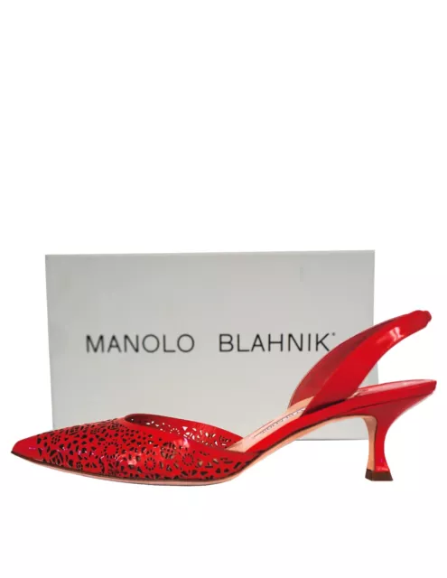 MANOLO BLAHNIK 38.5 Laser Cut Red Patent Leather Carolyne Slingbacks Heels 8