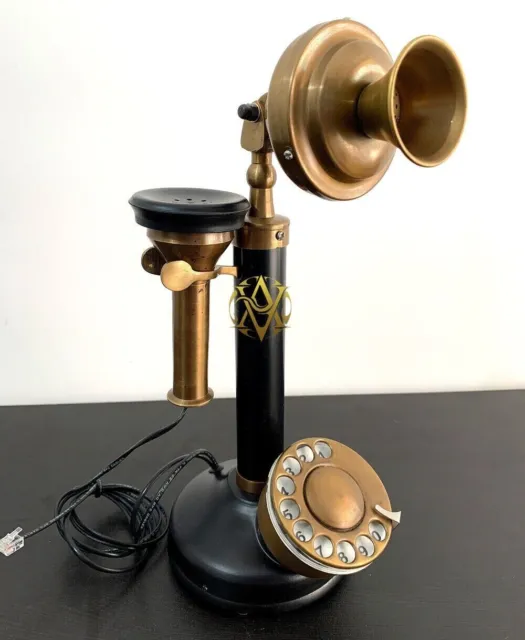 Antique Handmade Brass Phone Candlestick Telephone Rotary Dial Vintage Home Deco