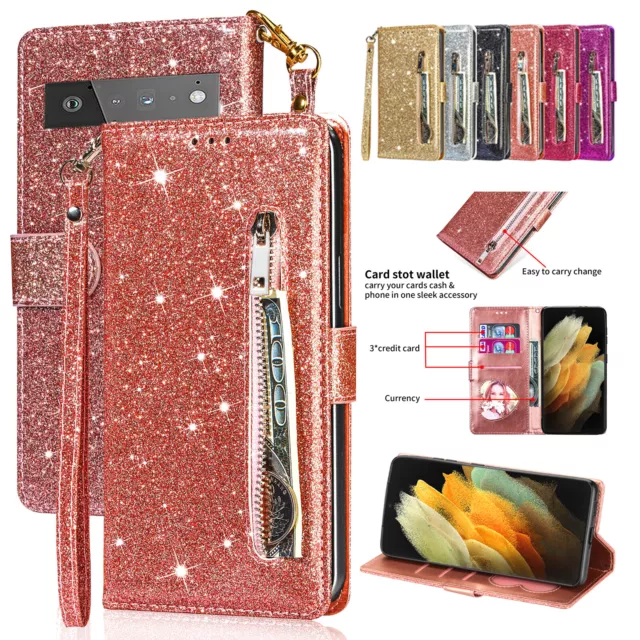 Shockproof Glitter PU Leather Zipper Wallet Case Cover For Google Pixel 7A/8 Pro