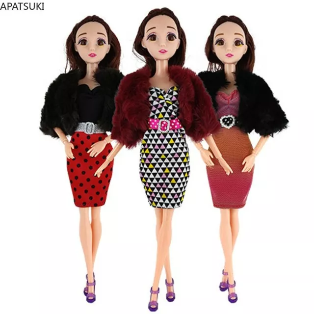 Fashion Doll Clothes Set For 11.5in. Doll Outfits Set Polka Dress Fur Coat 1/6