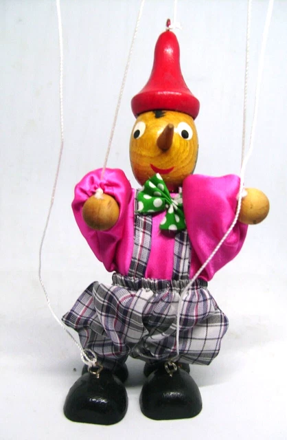 Marionnette Pinocchio Ancienne – Bois Peint, 6 Cordes – France, Années 50/60