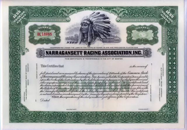 Narragansett Racing Association Inc. Stock Certificate Rhode Island Horse