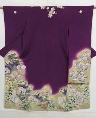 0928i09z840 Antique Japanese Kimono Chirimen FURISODE Dark Purple Chrysanthemum