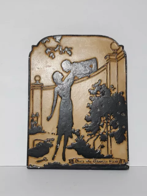 Vintage Plaster Of Paris Tile "Over the Garden Wall" Painted Silhouette.