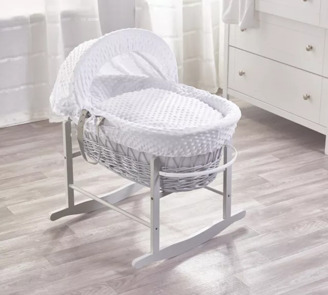 White Dimple Grey Wicker Moses Basket with Grey Rocking Stand Bedding Mattress