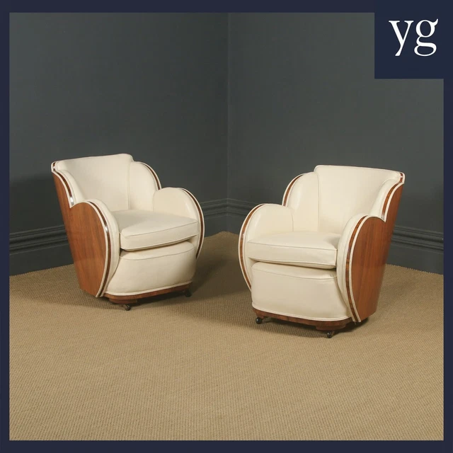 English Art Deco Pair of Epstein Walnut & Leather Cloud Shape Armchairs c 1935