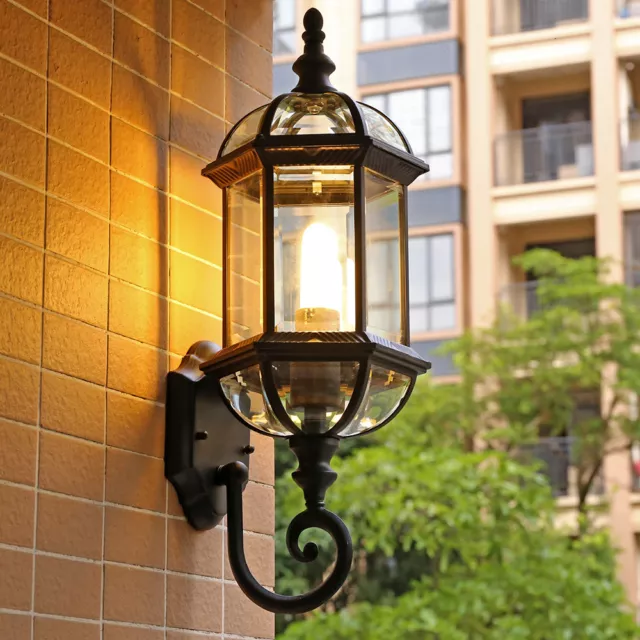 Village Clear Glass Metal Lantern 1 Lamp Wateproof Exterior Garden Wall Lights