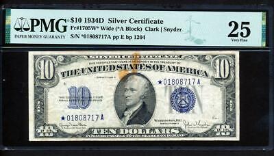 Fr.1705* 1934D $10 SILVER CERTIFICATE "STAR" + PMG 25 VERY FINE RARE COLLECTIBLE