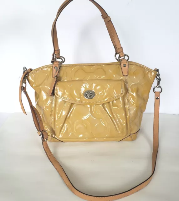 Coach Embossed OP ART Patent Leather Tote Large Shoulder Purse Bag Mustard Yello