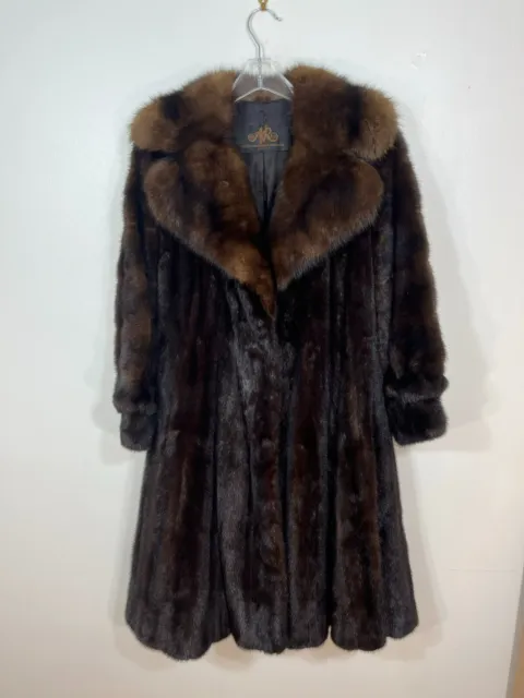 Classic MINK fur coat with SABLE collar brown Womens Small jacket stroller 42"