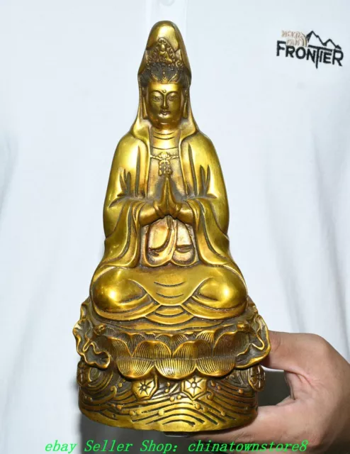 9" Old Chinese Bronze Gilt Seat Lotus Guanyin Kwanyin Goddess Buddha Statue