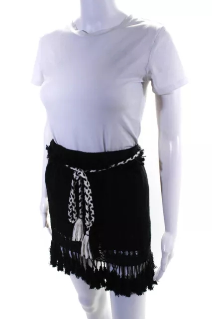 Isabel Marant Womens Tight Knit Tassel Fringe Belted Mini Skirt Black Size 36 2