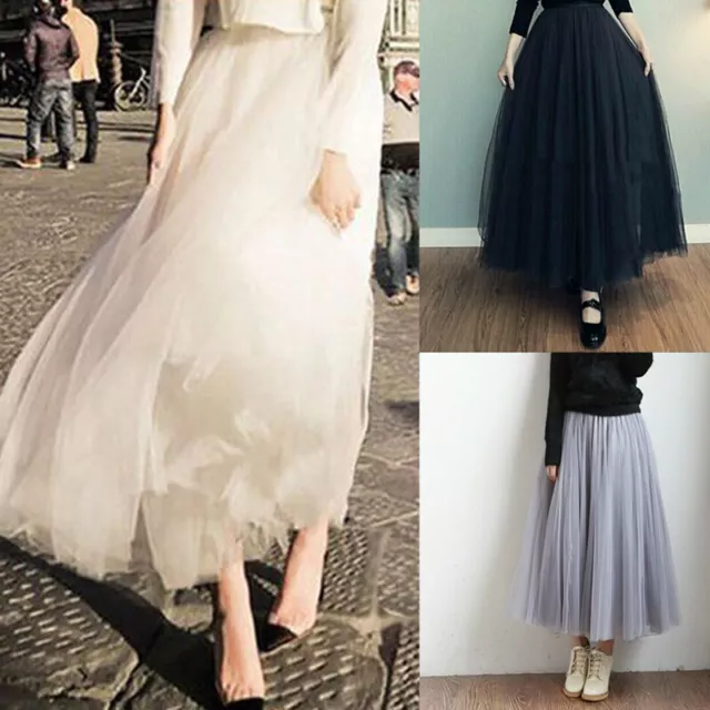 Women Long Pettiskirt Skirt 3 Layers Tulle Pleated Bouffant Maxi Midi Dress Mesh