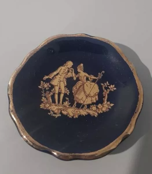 Vintage Limoges France Cobalt Blue Miniature Plate Gold Courting Couple Love Art