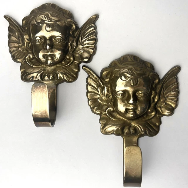 Vtg Pair Cherub Angel Coat Wall Hanger Hooks Gold Tone Hollywood Regency 5.5”