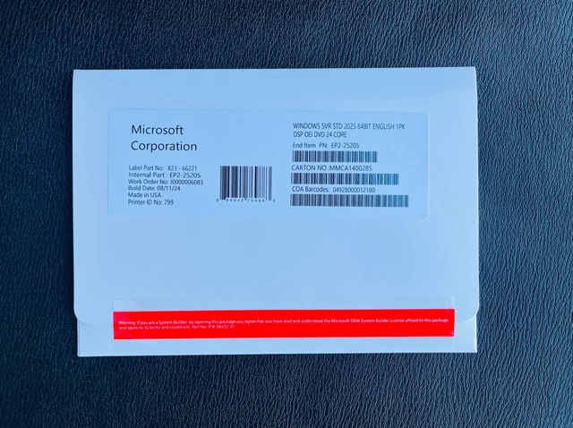 MICROSOFT WINDOWS SERVER 2025 Standard 64Bit 24 Core DVD With Key ...