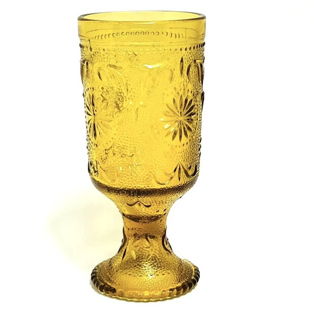 Brockway Glass American Concord Amber 6-1/4” Water Goblet Scrolls Starburst